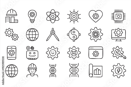 Industrial technology icon set with engineering, research, and digital system symbols