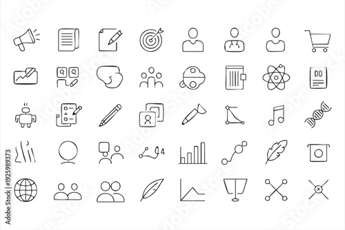 Academic and research outline icons with study, writing, analytics, and science symbols
