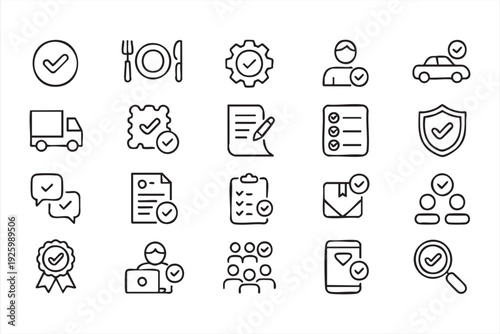 Approval and verification line icon set for business workflow and validation systems