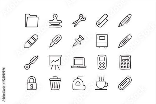 Office and stationery line icon set for workspace organization and business productivity
