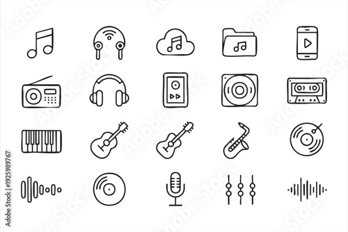 Audio and music outline icons with headphones, microphone, and speaker symbols