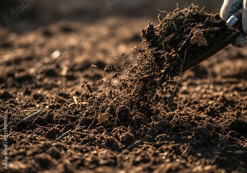 Gardening preparation scene with a shovel, soil, and fertile land