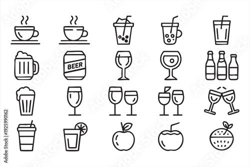 Cafe and bar drink line icons for restaurant menus and food service visuals