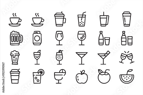 Drink menu line icons for cafe branding, restaurant design, and hospitality graphics