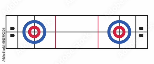 Curling sheet top view vector illustration. Flat design curling rink layout with house target, hog line, and center line. Winter sport ice field diagram isolated on white background.