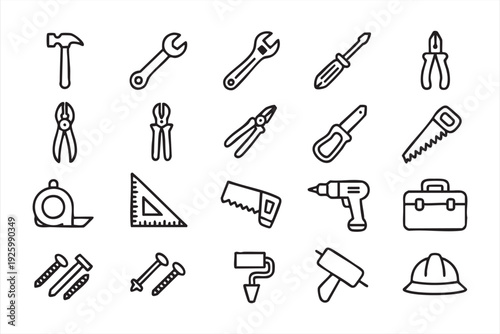 Construction and tools line icon set for building, repair, and maintenance design
