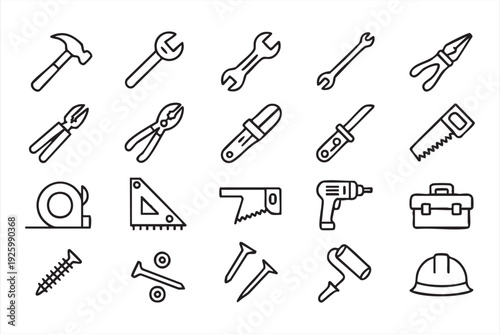 Hand tools icon set with wrench, screwdriver, pliers, and safety equipment