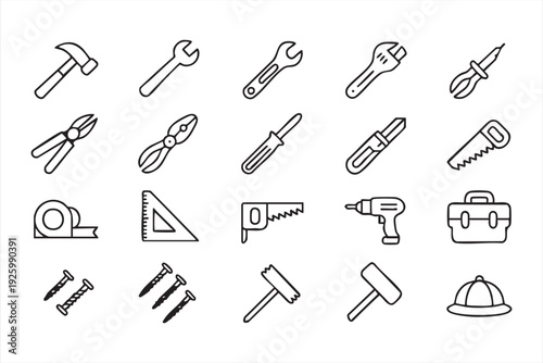 Repair and construction icons featuring hand tools, measurement, and workshop items