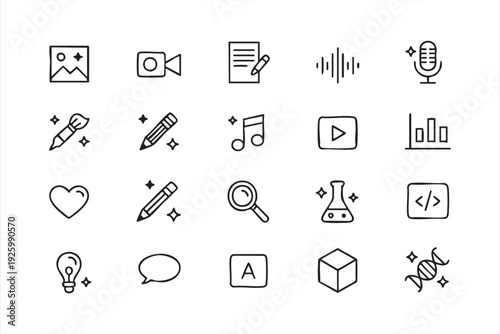 Creative content and media line icon set for digital creation and multimedia platforms