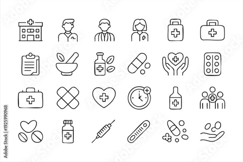 Medical service outline icons for healthcare systems and patient support visuals
