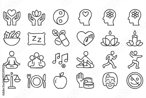 Wellness line icons for self care, meditation, and holistic health concepts