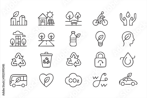 Eco sustainability line icon set for green energy and environmental protection design
