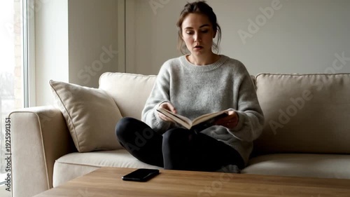 Young woman reading a book on a couch, then looking at her phone, at home