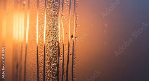 Condensation on a glass surface, brilliantly illuminated by warm golden light, forming abstract patterns and streaks for an atmospheric background.