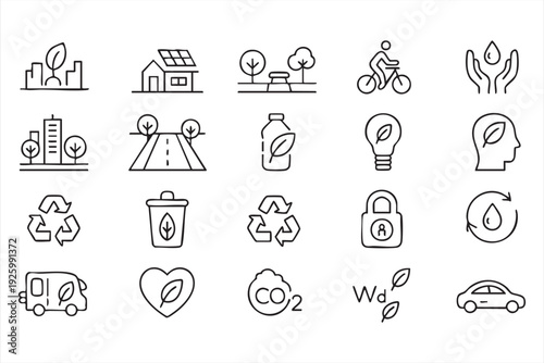 Environmental sustainability icon set with recycling, water, and clean energy elements