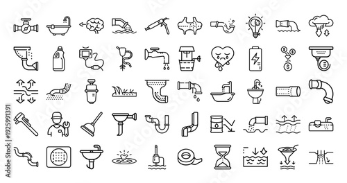 Various plumbing tools and equipment icons in simple line style
