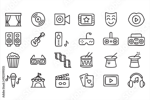 Creative entertainment outline icon collection for media and content creation design