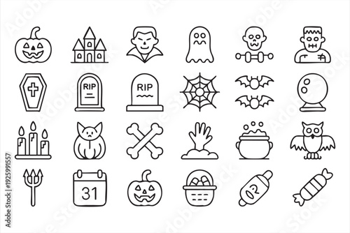 Halloween party line icon pack with monsters, candy, and horror symbols