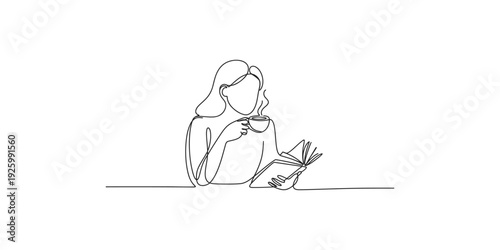 Minimalist continuous line drawing of a woman reading a book while drinking coffee in a chair