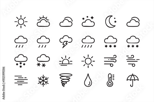 Outline Weather Symbol Collection with Sun Cloud Rain Snow and Wind Icons