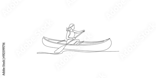 A simple black and white line drawing of a person paddling a small canoe on a calm body of water.