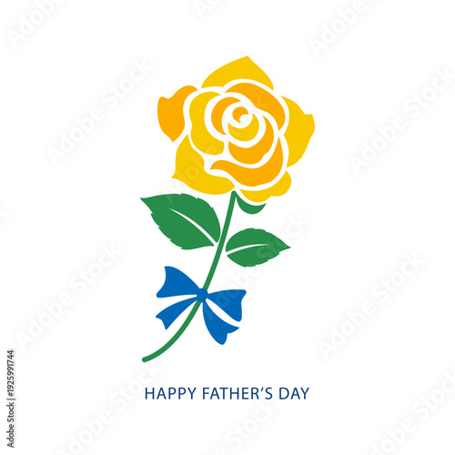 青いリボンがついたシンプルな黄色いバラのイラスト