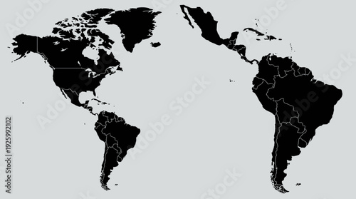 Black Silhouette Political Map of North and South America with Country Borders