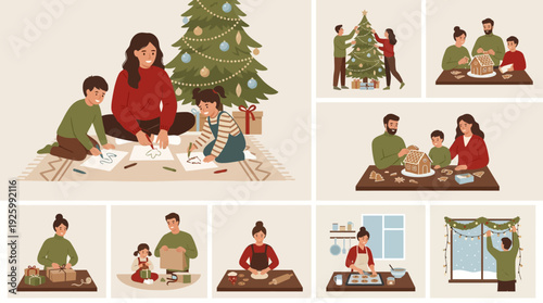 Festive Family Christmas Preparations: Decorating Tree, Baking Gingerbread, Gift Wrapping & Kids Crafts