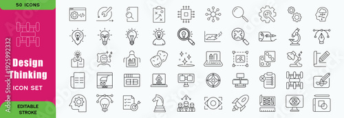 Design Thinking line editable icon set. Contain icons related to design, thinking, ideation, brainstorm, creativity, prototype, innovation, research, and more. Editable stroke. Vector illustration