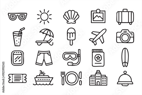 Minimal Travel Line Icons Set for Vacation Booking App UI