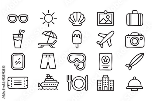Tourism Outline Icon Collection with Airplane Hotel and Beach Symbols