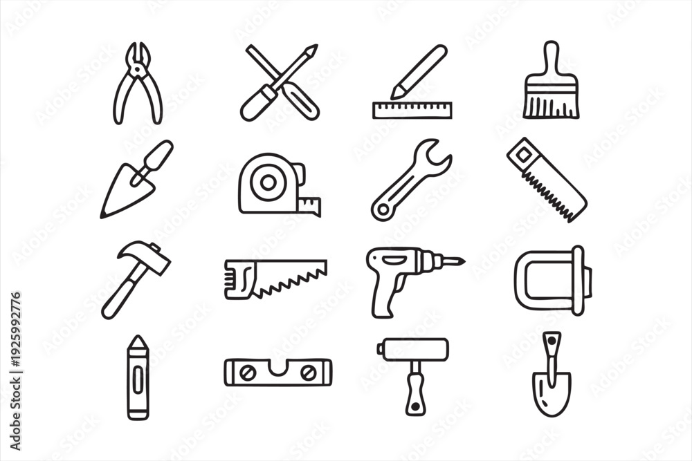 Fototapeta premium Professional construction tool outline icons for apps websites and user interface design