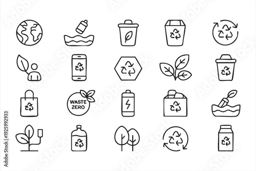 Recycling and zero waste line icons featuring renewable energy and sustainability concepts
