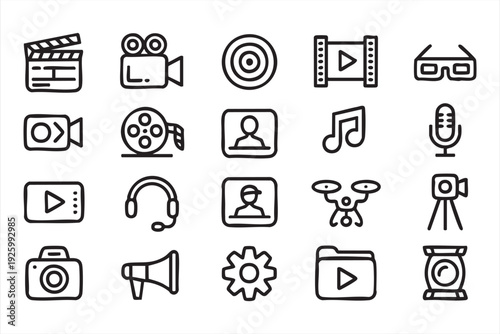 Video production and audio media line icons for creator studio and marketing projects