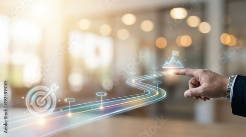 Businessman hand showing creative business strategy with goal achievement, future success plan and digital technology path on blurred background concept