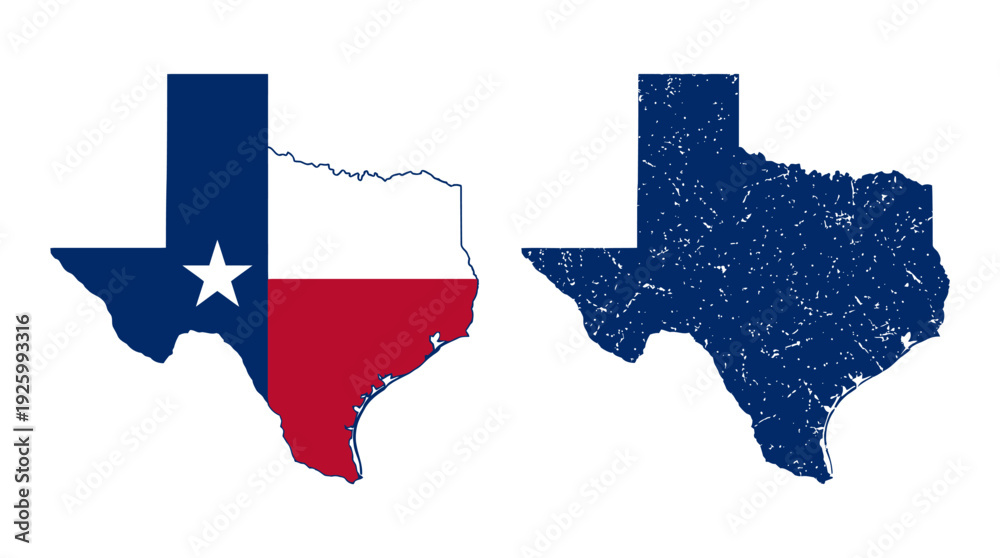Fototapeta premium Texas State Map Set: Lone Star Flag and Distressed Grunge Silhouette Vector Art