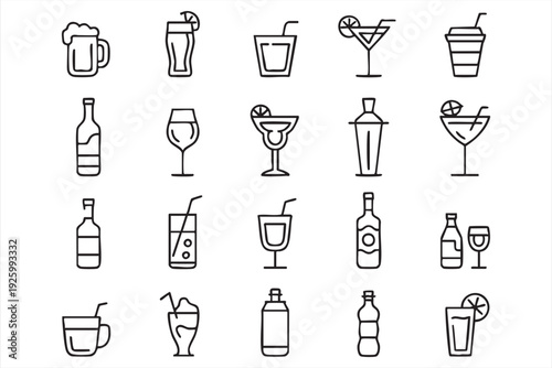 Minimalist drink and beverage line icon set for bar menu and hospitality design