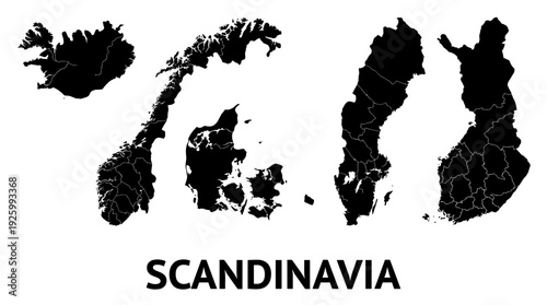 Nordic Countries Maps Silhouette Collection: Iceland, Norway, Denmark, Sweden, Finland Outlines with Administrative Divisions for Geography, Travel