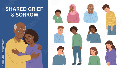 Vector Set: Diverse People Crying, Shared Grief, Sorrow & Emotional Support