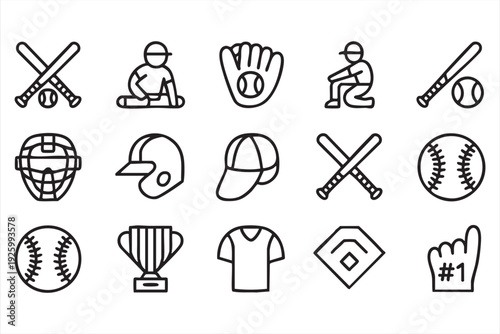 Baseball line icons featuring bat ball helmet player and championship symbols