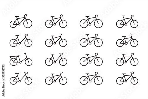 Bicycle line icons featuring cycling transportation and eco friendly mobility symbols