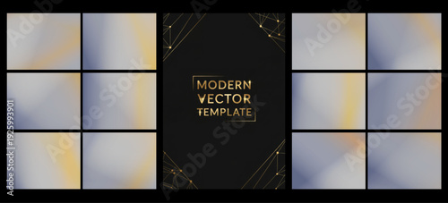 Muted blue and golden gradients border a sleek black card with geometric network lines, offering a refined, tech-inspired layout for presentations, invites, and branding.