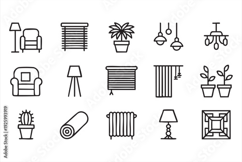 Home interior line icons featuring furniture lighting plants and decor symbols