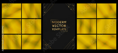 Rich golden gradient squares glow against deep black, surrounding an ornate central emblem, perfect for upscale branding, invitations, and luxury packaging visuals.