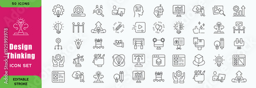 Design Thinking line editable icon set. Contain icons related to design, thinking, ideation, brainstorm, creativity, prototype, innovation, research, and more. Editable stroke. Vector illustration