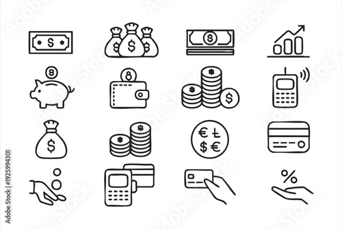Modern finance outline icons collection for payment and accounting applications