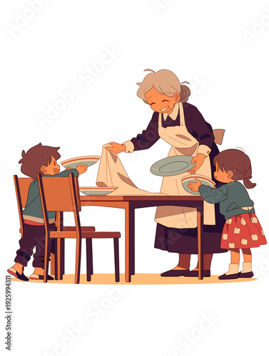 Children help grandma clear the dining table - loving family relationship across generations