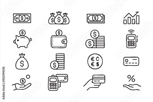 Minimalist finance and money line icon set for banking and fintech design