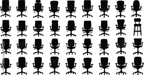 Large collection of office chair silhouettes and desk seat icons for workspace design professional ergonomic furniture set and corporate interior elements