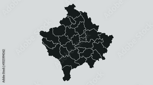 Kosovo Map with Administrative Divisions - Black Silhouette Vector on Light Grey Background